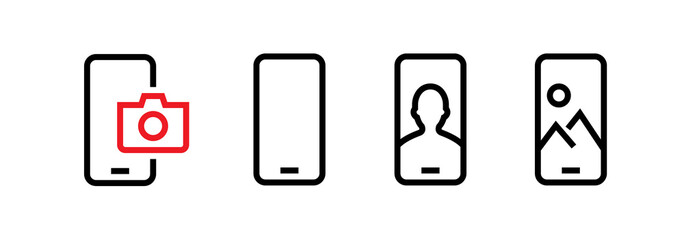 Wall Mural - Set of Front, Blank, Selfie, Vertical Phone Multi-Cameras icons. Editable line vector.