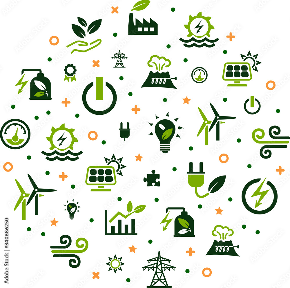 renewable / alternative energy vector illustration. Concept with icons related to green electricity sources / sustainable electricity – solar, wind, hydroelectric power. - obrazy, fototapety, plakaty 