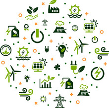 Renewable / Alternative Energy Vector Illustration. Concept With Icons Related To Green Electricity Sources / Sustainable Electricity – Solar, Wind, Hydroelectric Power.