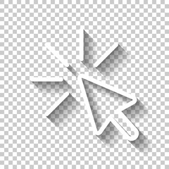 Computer pointer, cursor or mouse arrow, click, outline design. White icon with shadow on transparent background