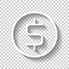 Dollar coin, money sign, outline design. White icon with shadow on transparent background