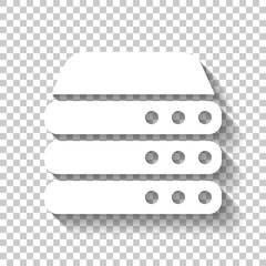 Database server, backup data, computer network, cloud hardware. White icon with shadow on transparent background