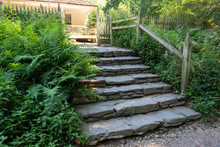 Old Rustic Stone Stairs Bordered With Ferns And Wildflowers, Horizontal Aspect
