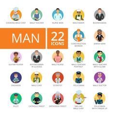 Wall Mural - Men icons set. Twenty two multicolored flat illustrations of men of different professions