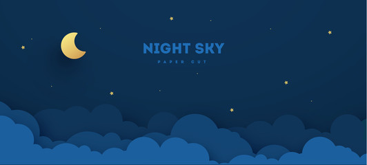 Paper cut night sky. Dreamy background with stars and clouds, abstract fantasy background. Vector origami styling design backdrop illustration