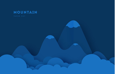 Mountain landscape paper cut. Cloud, star, moon sky. Abstract fantasy background. Vector cartoon origami styling design backdrop illustration.