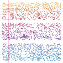 Wall Mural - Italy vector elements and icons. Doodle pattern with italian culture, cities Roma, Venice, Milan, cheese, wine.