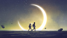 Night Scenery Showing A Brother And Sister Holding Hands Walking Above The Sky With The Crescent In The Starry Night, Digital Art Style, Illustration Painting