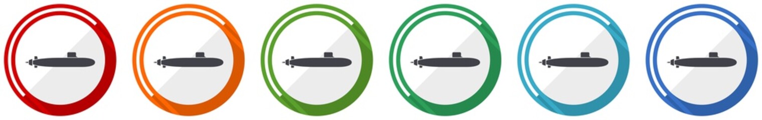 Aufkleber - Submarine icon set, navy, boat, ship, army flat design vector illustration in 6 colors options for webdesign and mobile applications