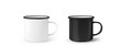 Enamel 3d photo realistic metal white and black mugs isolated on white background. Vector illustration.