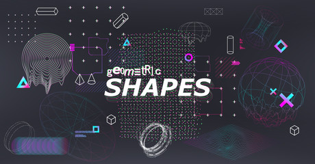 Science fiction abstract elements set with 3D gradient shapes and glitched geometric figures. Cyberpunk retro futurism set, vaporwave. Digital memphis collection. Vector illustration