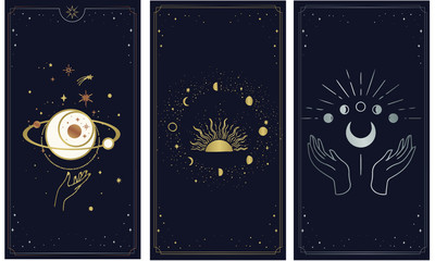 tarot card gold with chen and pink. magical occult tarot card set. engraving vector illustration. ca