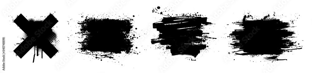 Black paint stencil with splashes. Ink brush strokes, art composition. Dirty artistic design elements, boxes, frames for text. Inked splatter dirt stain brushes with drops blots. Vector set - obrazy, fototapety, plakaty 