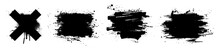 Black Paint Stencil With Splashes. Ink Brush Strokes, Art Composition. Dirty Artistic Design Elements, Boxes, Frames For Text. Inked Splatter Dirt Stain Brushes With Drops Blots. Vector Set