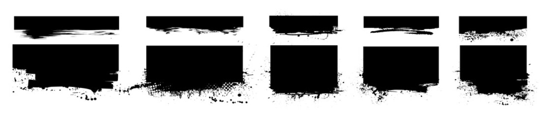 Fototapete - Isolated set brushstroke with ink splashes. Dirty artistic design element, box, ink background for text. Black ink splatter, dirty stains with drops, silhouette dirty grunge effect. Vector collection