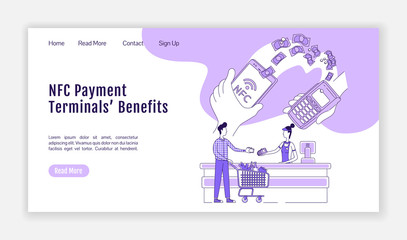 Wall Mural - nfc terminal landing page flat silhouette vector template. mobile pay homepage layout. cashless syst