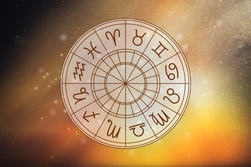 Wall Mural - astrological circle with the signs of the zodiac on a background of the starry sky. illustration for