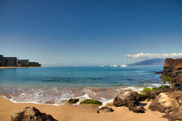 Wide angle view of the pristine water at Ka'anapali Beach on Maui.