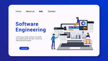 software engineering landing page template with group human business concept flat design. vector illustration