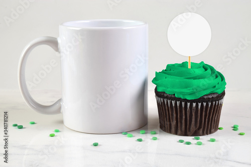 Download 11 Ounce Coffee Mug And Cupcake Topper Mockup Stock Photo Adobe Stock