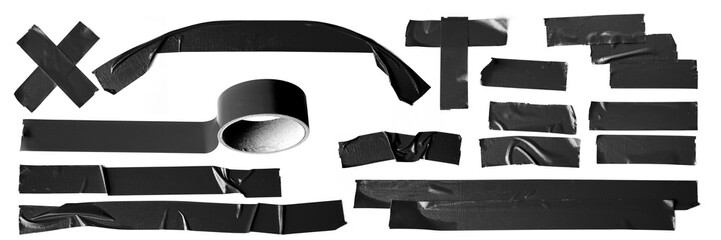 Wall Mural - Set of black tapes on white background. Torn horizontal and different size black sticky tape, adhesive pieces.