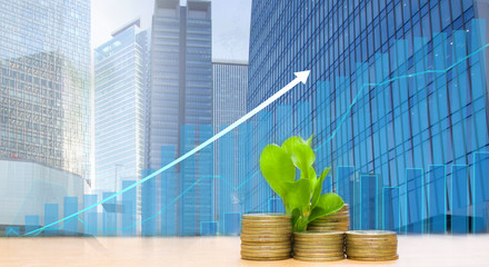 Investment growth with stack of coins and financial graph with blue background