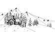 Hand drawn sketch of ski resort. Vector mountains, cute wooden house, forest winter landscape illustration. Holiday hut for recreation ski, snowboard sports. Ink drawing on white background