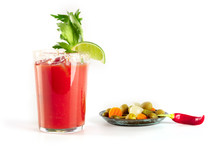 Bloody Mary Cocktail. Tomato Juice, Lime, And Celery, Side View On A White Background With A Place For Text