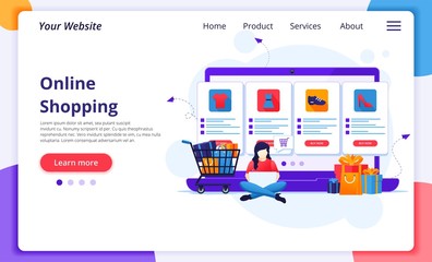 Wall Mural - Online shopping concept, A young woman buying products in the online store. Modern flat web page design template for website and mobile development. Vector illustration