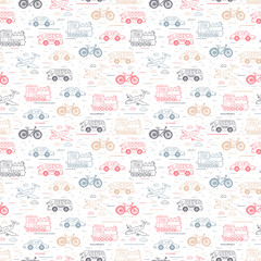 Wall Mural - Transport seamless pattern. Hand Drawn doodle car, airplane, steam locomotive, bicycle - vector illustration
