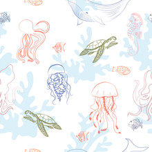 Seamless Pattern With Underwater World, Coral, Jellyfish, Shells, Whale, Turtles, Octopus, Algae And Plants. Editable Vector Illustration.