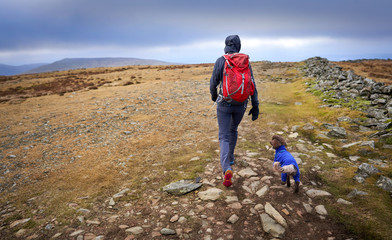 a hiker and their dog walking over the mountain summit of dove crag in the lake district in the uk.