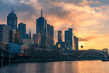 Melbourne cityscape at sunrise with Melbourne CBD skyscrapers