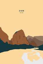 Zion National Park Utah Characteristic Nature Scenery View. Vector Illustration Drawing Of My Own.