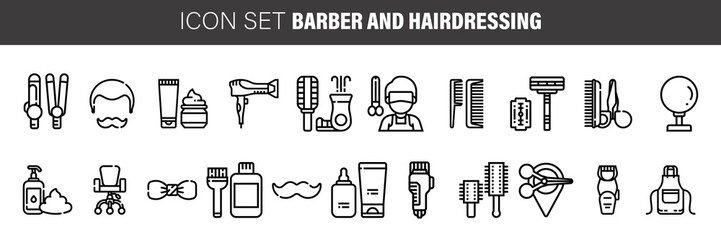 Barber shop icon set, outline thin line isolated vector sign symbol, hairdressing tools.