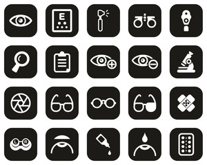 Sticker - Optometry Exam & Optometry Equipment Icons White On Black Flat Design Set Big