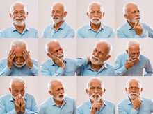 Collage Of Senior Man Portraits With Variety Of Facial Expressions.