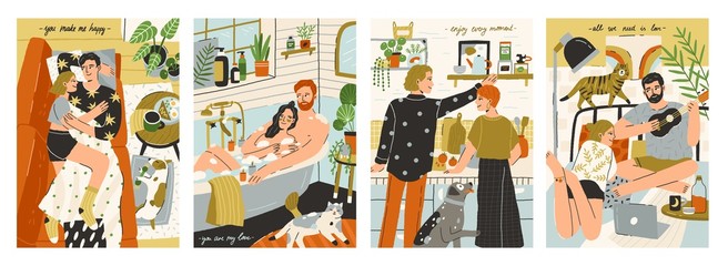 Poster - Colorful collection of vertical greeting cards for Valentine's day. Cute couples spending time together at home. Young family relaxing, cooking and taking bath. Romantic posters. Vector illustration