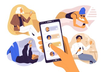 Concept of sharing news, refer friends online. Hand holding smartphone with contacts on screen. Person forwards messages to friends or colleagues. Vector illustration in flat cartoon style