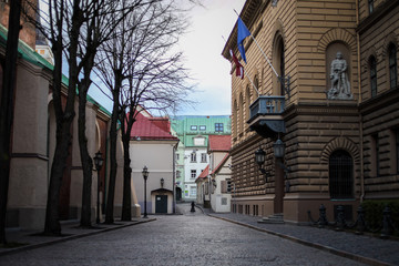 Wall Mural - Beautiful Riga city architecture with old buildings and brick streets.