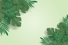 Green Leaves Frame On Green Background. Trendy Origami Paper Cut Style Vector Illustration.