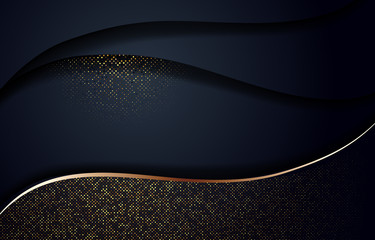 Black abstract curve illustration with golden glitter halftone background
