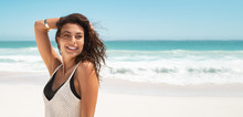 Happy Fashion Woman Smiling At Beach
