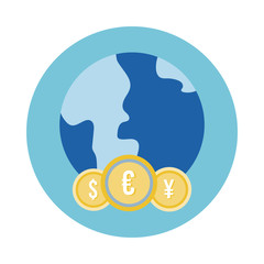 Sticker - earth planet with international coins block style icon