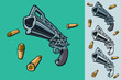 Hand drawn pistol colt gun and bullets in game concept art style. Vector isolated objects illustration.