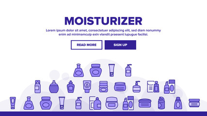 Wall Mural - Moisturizer Cream Landing Web Page Header Banner Template Vector. Moisturizer Cosmetic Package, Body Care Gel Container, Shampoo Tube And Perfume Bottle Illustrations