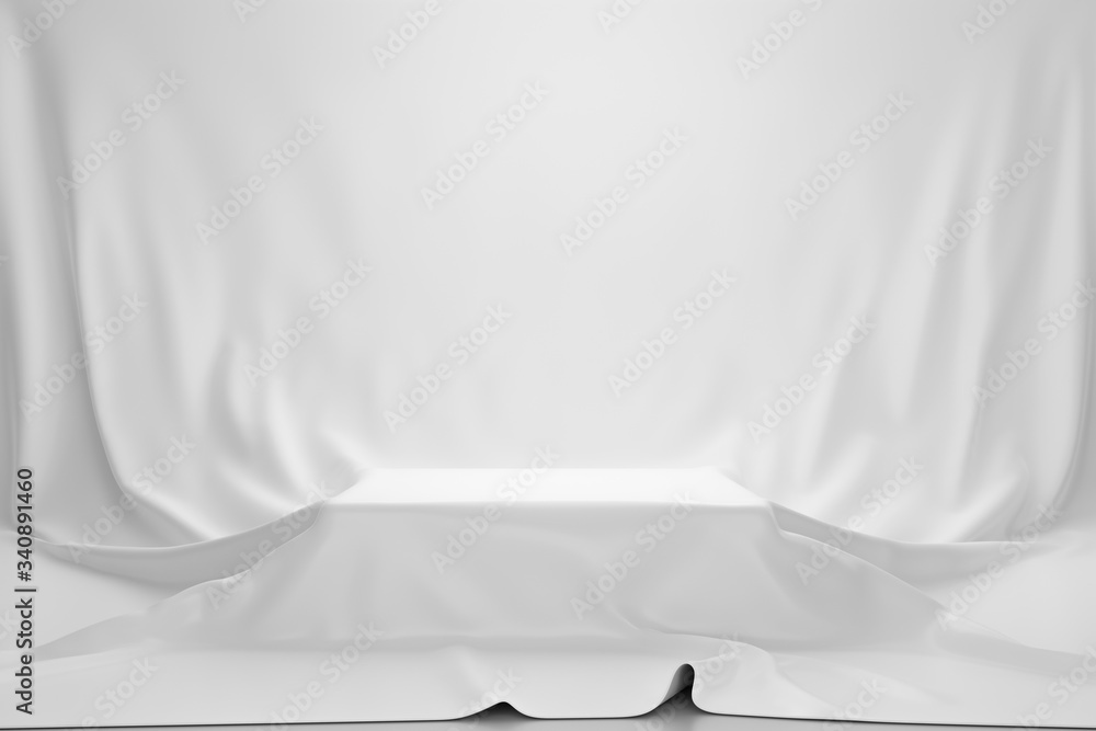 White luxurious fabric or cloth placed on top pedestal or blank podium shelf on vintage background with luxury concept. Museum or gallery backdrops for product. 3D rendering. - obrazy, fototapety, plakaty 