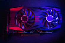 Photo Of The Graphic Card Is Made In The Style Of Cyberpunk. Red-blue Background