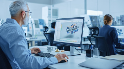 Sticker - Modern Industrial Factory: Team of Mechanical Engineers Working on Computers, Using Newest High-Tech Devices Like Virtual Reality Headsets to Design Best Engines. 3D Graphics in Contemporary Industry