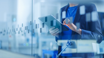 Poster - Modern Factory Office: Young and Confident Female Industrial Engineer Standing and Holding Digital Tablet, Using Gestures to Work Efficiently. Focus on Hands and Tablet.